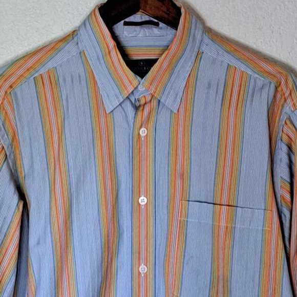 Bugatchi Uomo Shirt Men's Large Colorful Stripe Blue Orange Green Long Sleeve - Picture 2 of 6